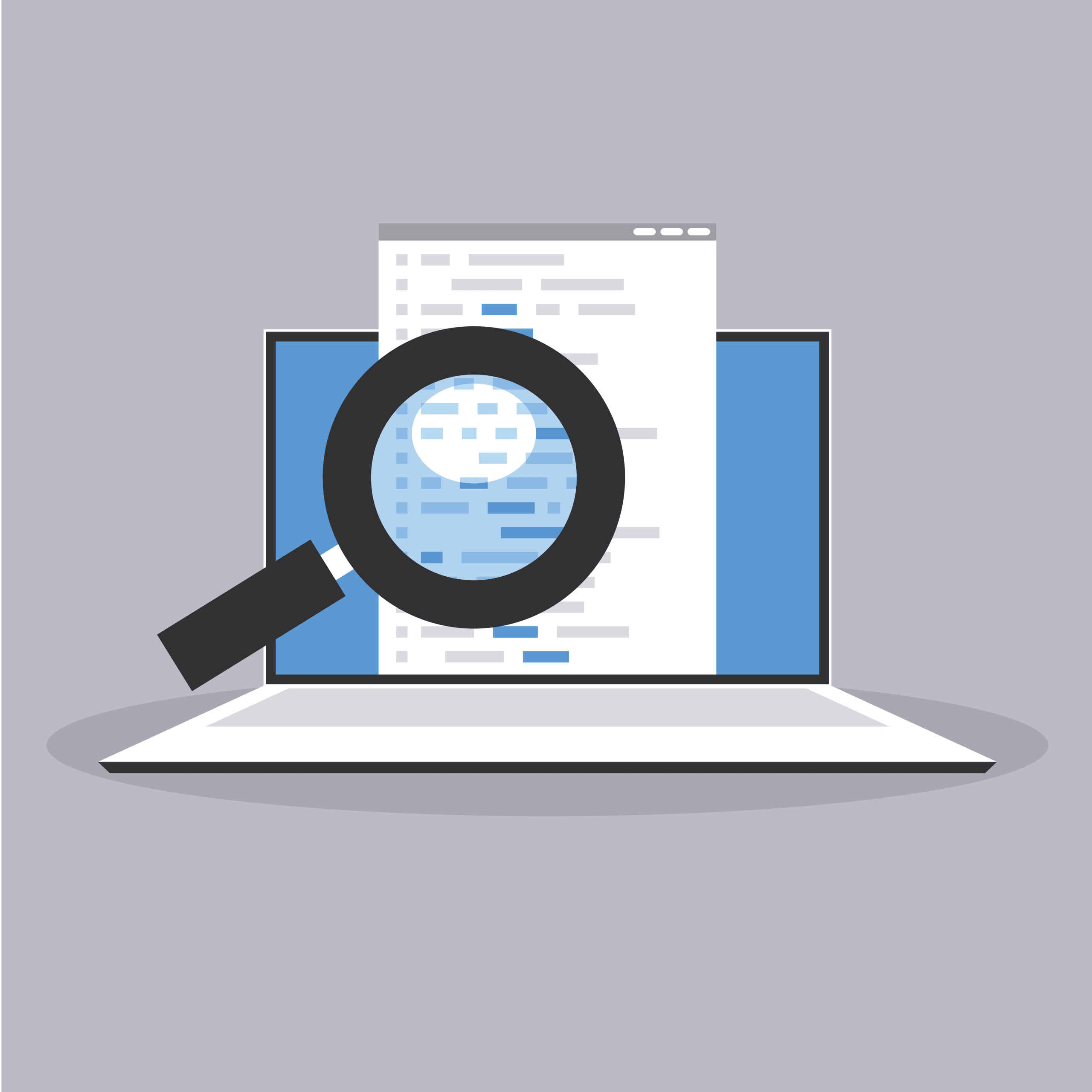 magnifying glass over a computer screen symbolizing in-depth searching though the coding